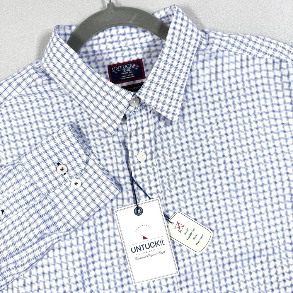 UNTUCKit Shirt Mens Large Blue Windowpane Long Sleeve Button Up Wrinkle Free NWT